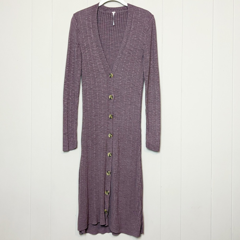 Free People Date Night Cardigan Dress Ribbed Knit Midi Long Purple Medium Boho - Picture 3 of 11